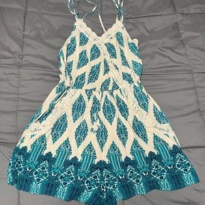 Teal and Beige Romper with Pockets (M)